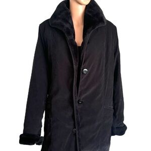Hannah by MarLo Black Arctic Warm Faux Suede Fur Button Parka Coat‎ Women SZ S